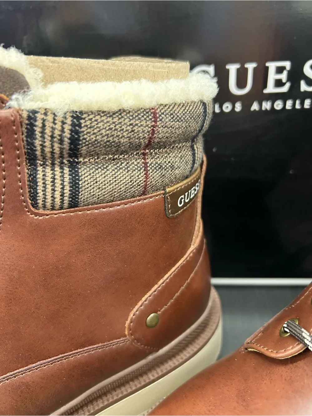 GUESS Men's Brown Leather Lace-Up Shearling-Trim Boots